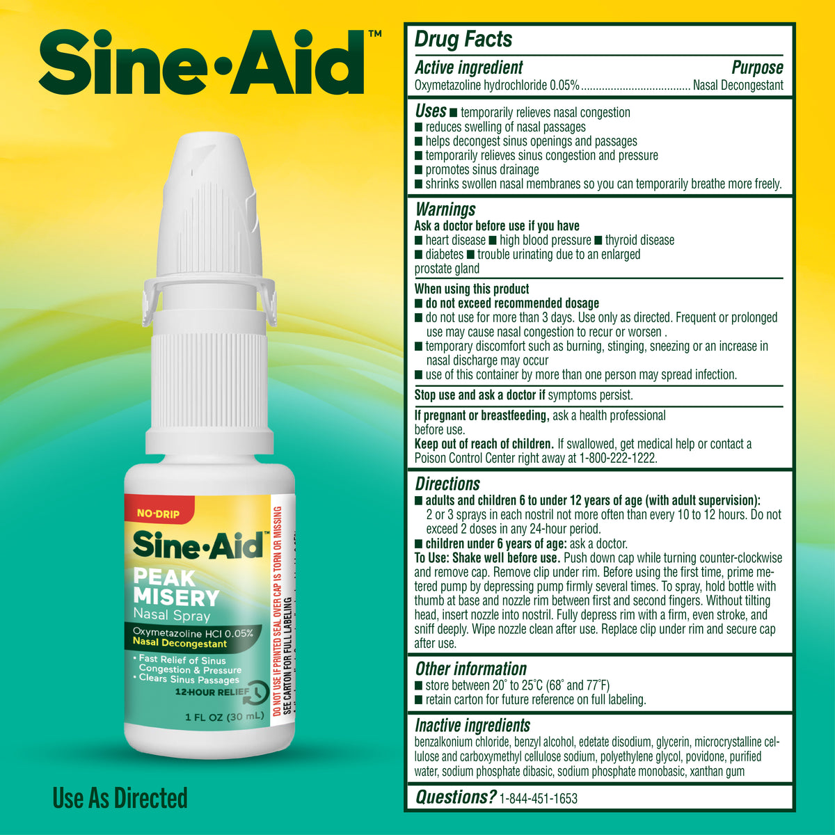 Sine-Aid Drug Facts label showing active ingredient, uses, and directions