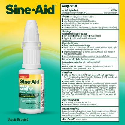 Sine-Aid Drug Facts label showing active ingredient, uses, and directions